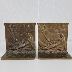 Antique Bookends Adrift Sailboat Cast Brass Brown Doorstop Nautical